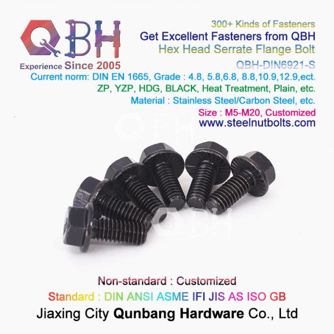 QBH DIN6921 M5-M20 ब्लू व्हाइट जिंक प्लेटेड / ब्लैक / प्लेन कार्बन / स्टेनलेस स्टील सीरेटेड निकला हुआ किनारा सेल्फ-लॉकिंग बोल्ट 1