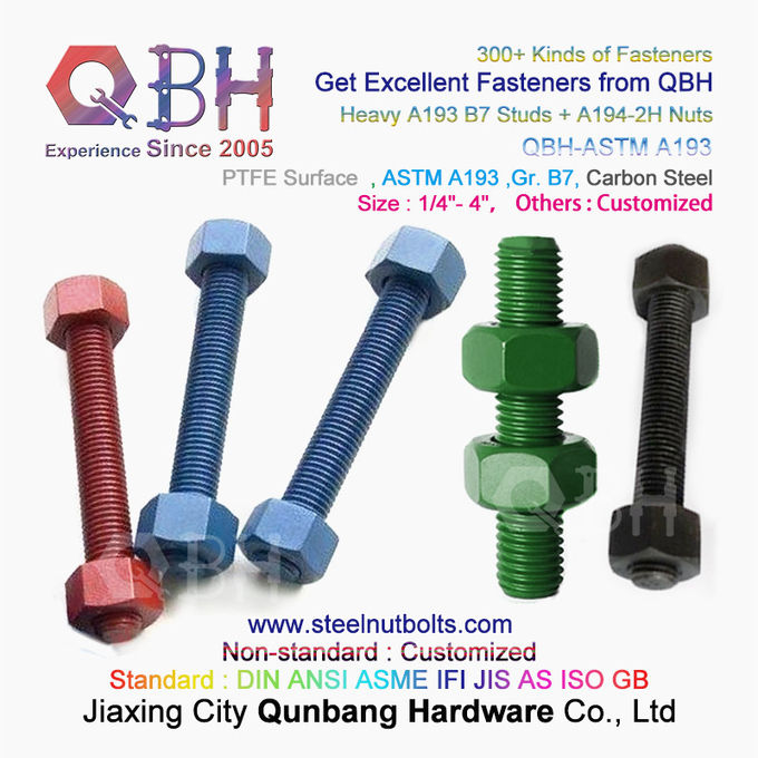 QBH PTFE 1070 रेड/ब्लू/ब्लैक/ग्रीन कोटेड 1/4"-4" ASTM A193 B7 थ्रेडेड रॉड स्टड बोल्ट A194-2H हैवी हेक्स नट के साथ 3