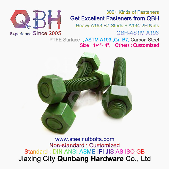 QBH PTFE 1070 रेड/ब्लू/ब्लैक/ग्रीन कोटेड 1/4"-4" ASTM A193 B7 थ्रेडेड रॉड स्टड बोल्ट A194-2H हैवी हेक्स नट के साथ 1