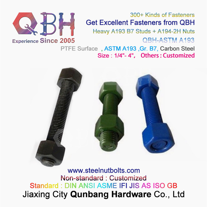 QBH PTFE 1070 रेड/ब्लू/ब्लैक/ग्रीन कोटेड 1/4"-4" ASTM A193 B7 थ्रेडेड रॉड स्टड बोल्ट A194-2H हैवी हेक्स नट के साथ 0