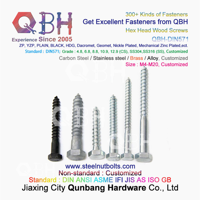 QBH DIN571 M4-M20 ब्लैक हॉट डीआईपी गैल्वनाइजिंग प्लेन कार्बन स्टील हेक्सागोन हेड वुड स्क्रू 5