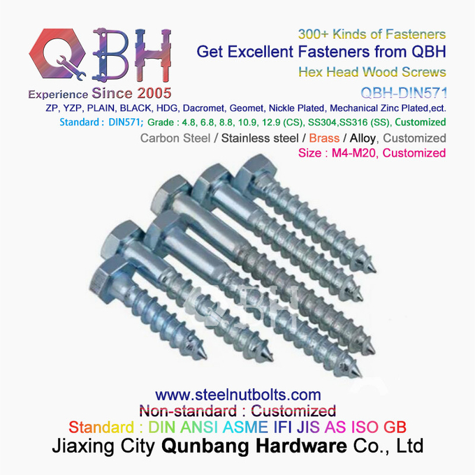 QBH DIN571 M4-M20 ब्लैक हॉट डीआईपी गैल्वनाइजिंग प्लेन कार्बन स्टील हेक्सागोन हेड वुड स्क्रू 2