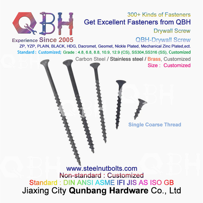 QBH 3.5 * 25 ब्लैक फॉस्फेटिंग ड्राईवॉल सेल्फ-टैपिंग बगले हेड डबल / सिंगल थ्रेडेड कार्बन स्टील ड्राई वॉल स्क्रू 2